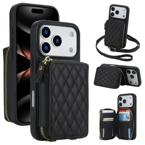 Crossbody for iPhone 17 Pro Max 17 Pro,RFID Blocking Zipper Handbag,Kickstand Folio Case,Card Slots Holder Wrist Strap Lanyard