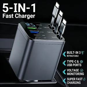 Fast Retractable Car Charger with 3 Usb Type-C Cables -